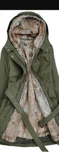An army green fur lined trench coat with matching